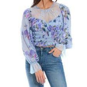 Free People Daphne Lace Bodice Smocked Waist Top: Blue Combo: OB1367039: XS: NWT
